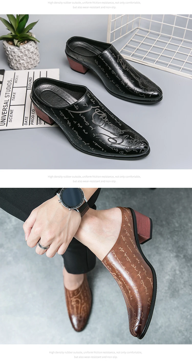 Summer New British Style Men Mules Slipper Ceremonial heightening Shoes Hombre Daily Dress Casual Pointed Designer Leather Shoes