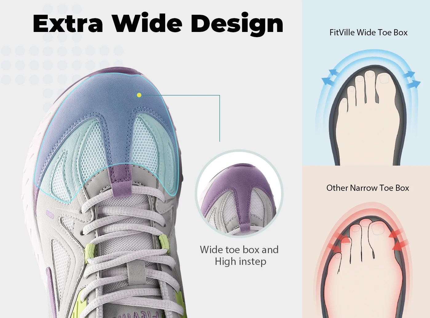 FitVille Extra Wide Women's Walking Shoes Wide Width Lightweight Sneakers for Flat Foot Plantar Fasciitis Heel Pain Relief