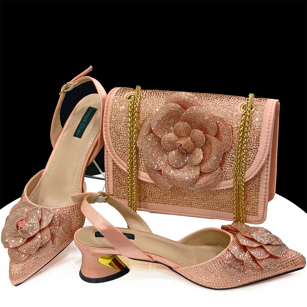 Venus Chan Shoes for Women Pointed-Toe Large Flower Decoration Rhinestone Low Heel Italian Design Black Color Shoes and Bags Set