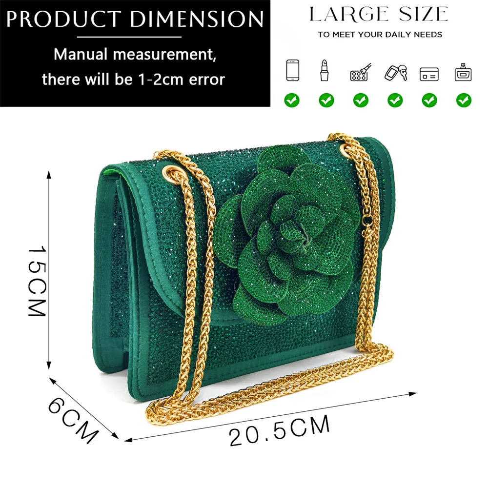 Venus Chan Shoes for Women Pointed-Toe Large Flower Decoration Rhinestone Low Heel Italian Design Black Color Shoes and Bags Set