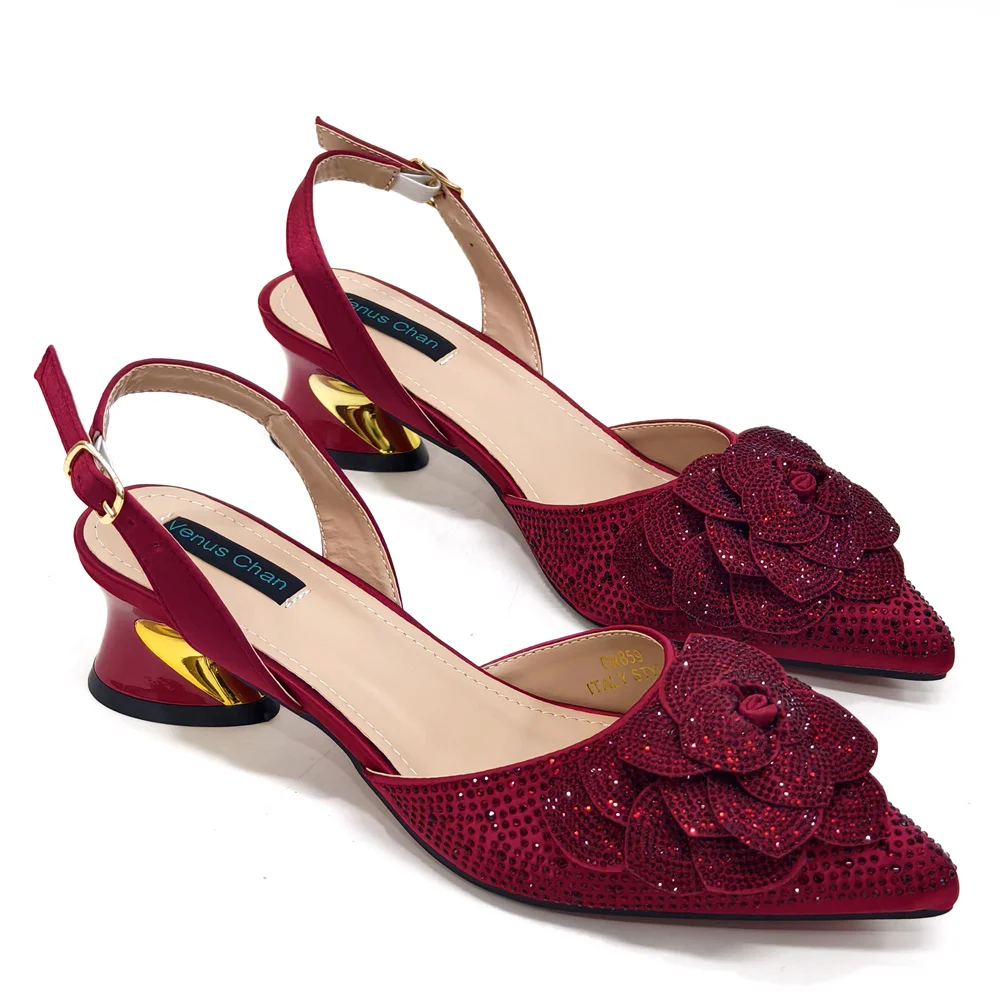 Venus Chan Shoes for Women Pointed-Toe Large Flower Decoration Rhinestone Low Heel Italian Design Black Color Shoes and Bags Set