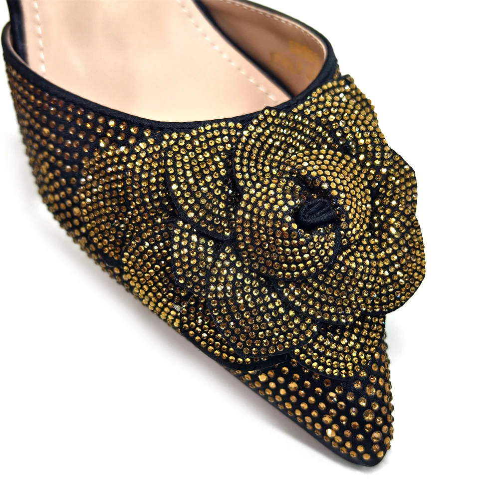 Venus Chan Shoes for Women Pointed-Toe Large Flower Decoration Rhinestone Low Heel Italian Design Black Color Shoes and Bags Set