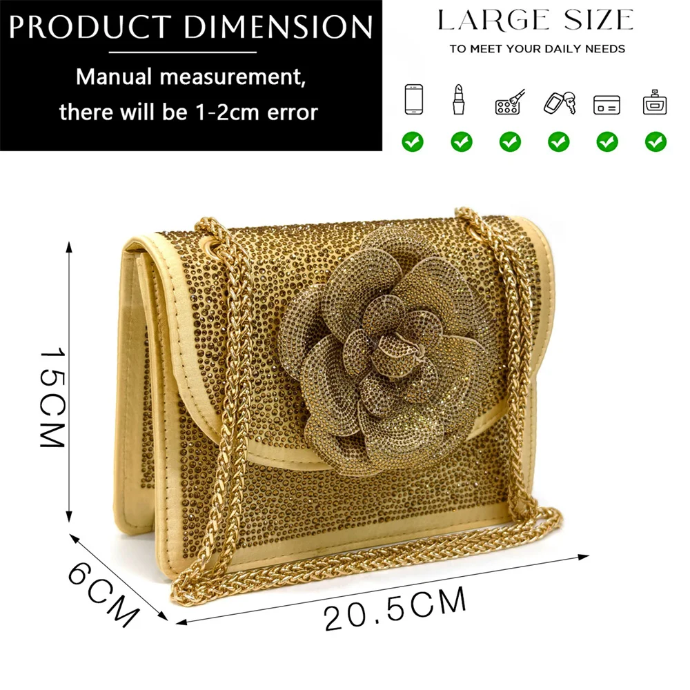 Venus Chan Shoes for Women Pointed-Toe Large Flower Decoration Rhinestone Low Heel Italian Design Black Color Shoes and Bags Set