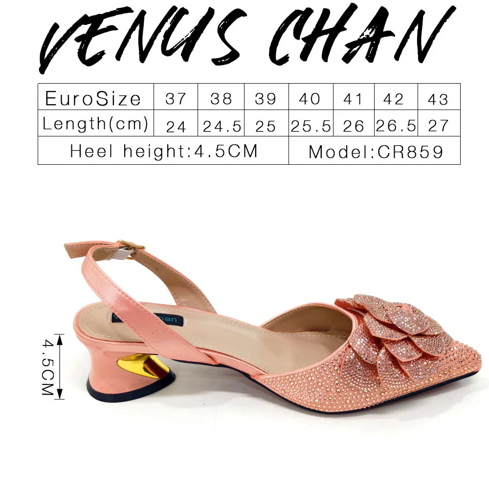 Venus Chan Shoes for Women Pointed-Toe Large Flower Decoration Rhinestone Low Heel Italian Design Black Color Shoes and Bags Set