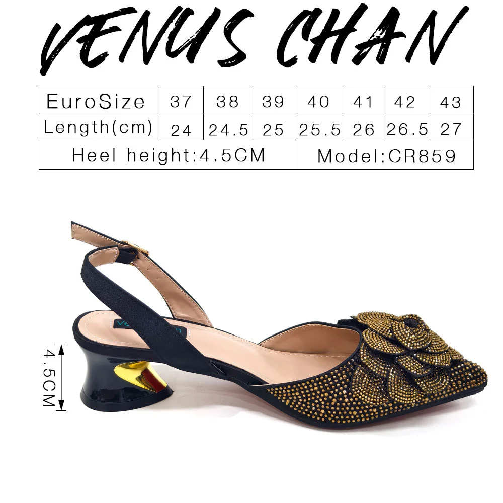 Venus Chan Shoes for Women Pointed-Toe Large Flower Decoration Rhinestone Low Heel Italian Design Black Color Shoes and Bags Set