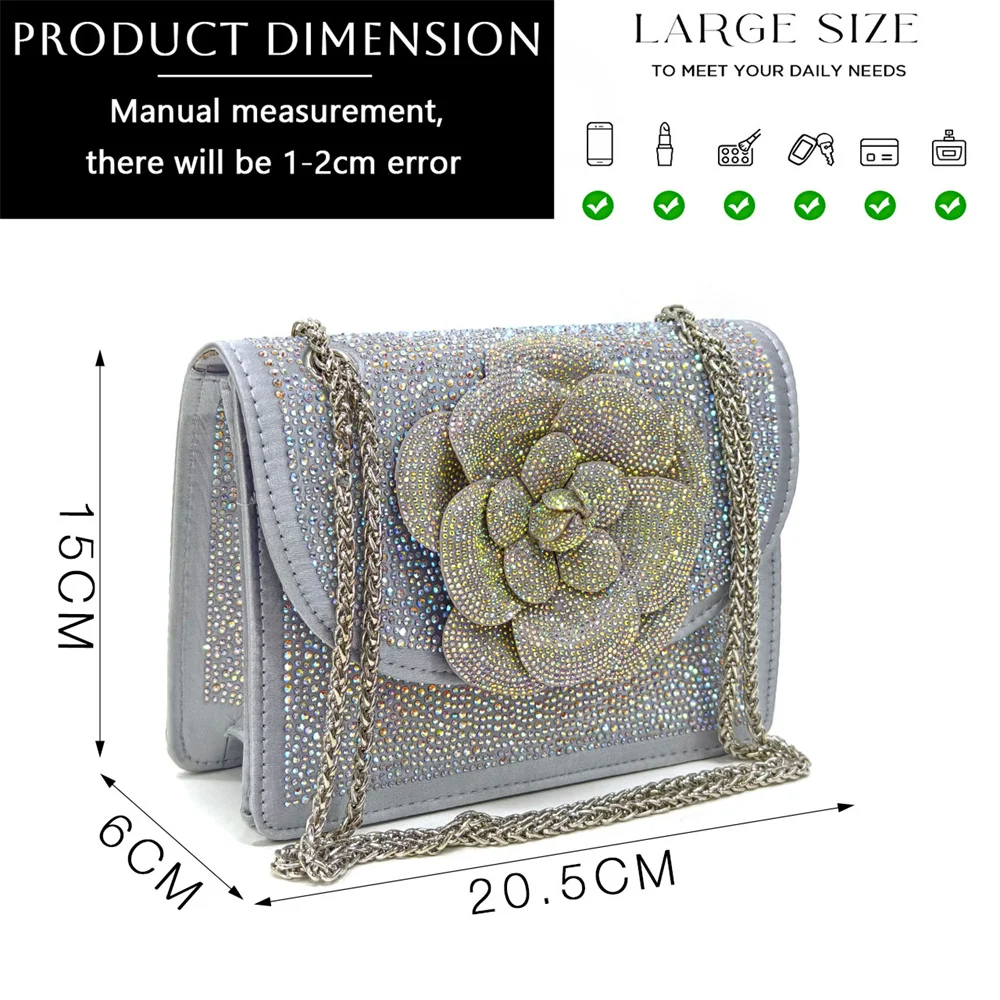 Venus Chan Shoes for Women Pointed-Toe Large Flower Decoration Rhinestone Low Heel Italian Design Black Color Shoes and Bags Set