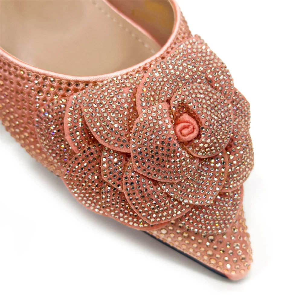 Venus Chan Shoes for Women Pointed-Toe Large Flower Decoration Rhinestone Low Heel Italian Design Black Color Shoes and Bags Set