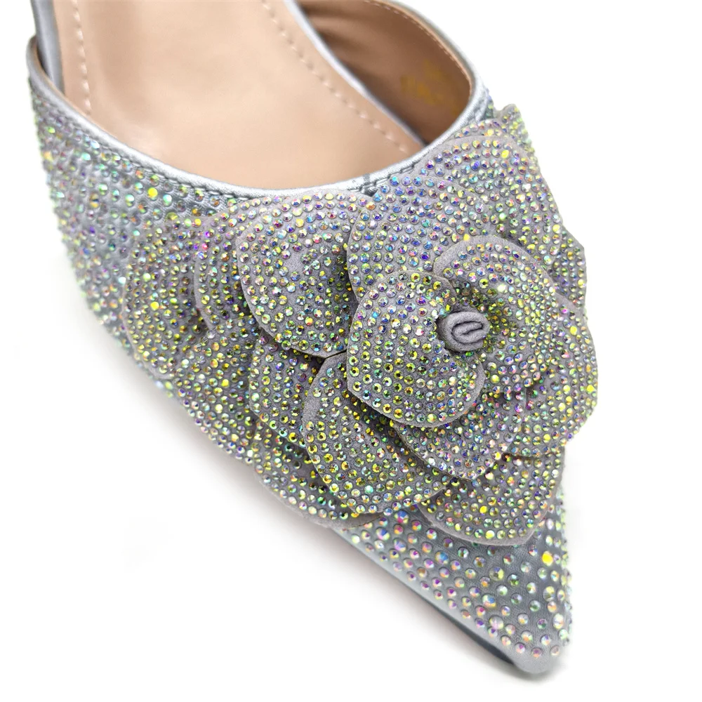 Venus Chan Shoes for Women Pointed-Toe Large Flower Decoration Rhinestone Low Heel Italian Design Black Color Shoes and Bags Set