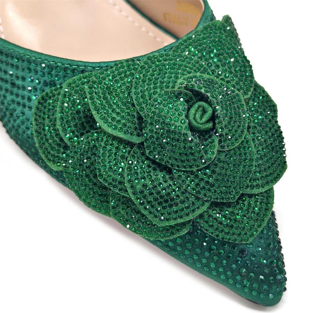 Venus Chan Shoes for Women Pointed-Toe Large Flower Decoration Rhinestone Low Heel Italian Design Black Color Shoes and Bags Set
