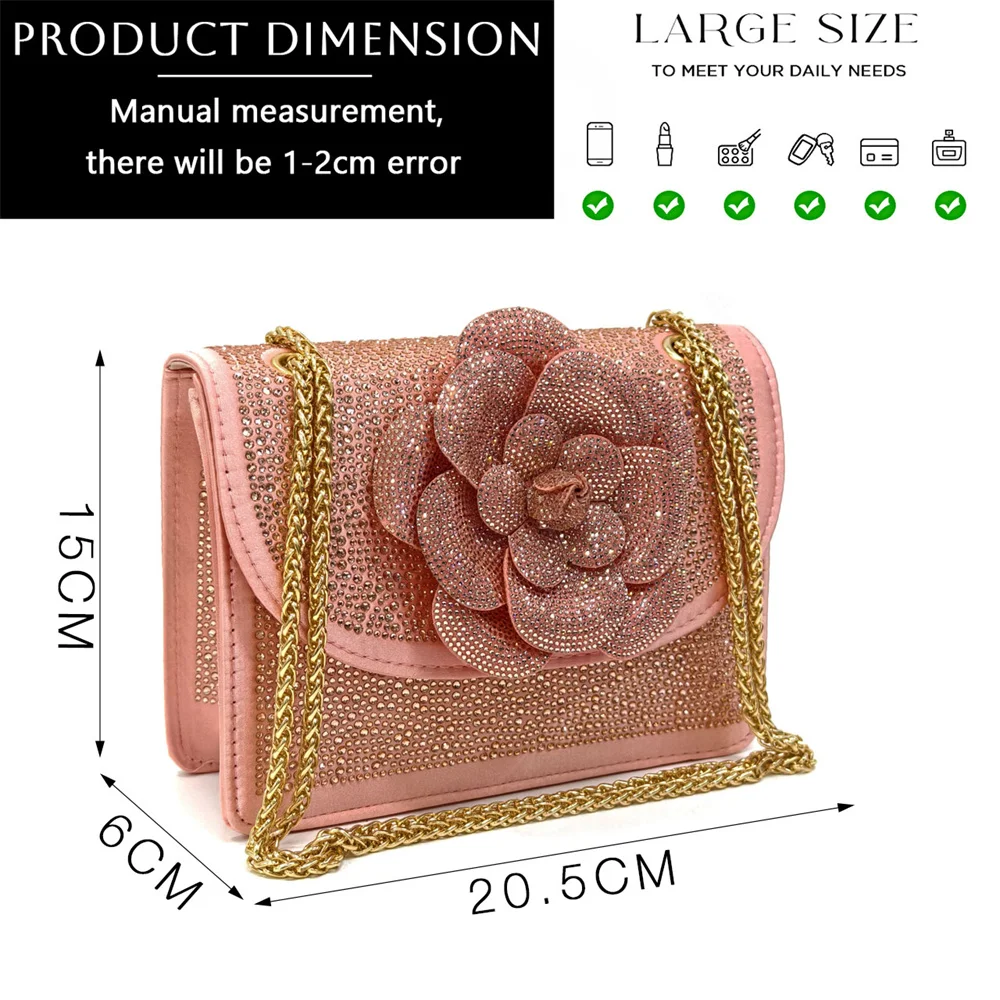 Venus Chan Shoes for Women Pointed-Toe Large Flower Decoration Rhinestone Low Heel Italian Design Black Color Shoes and Bags Set