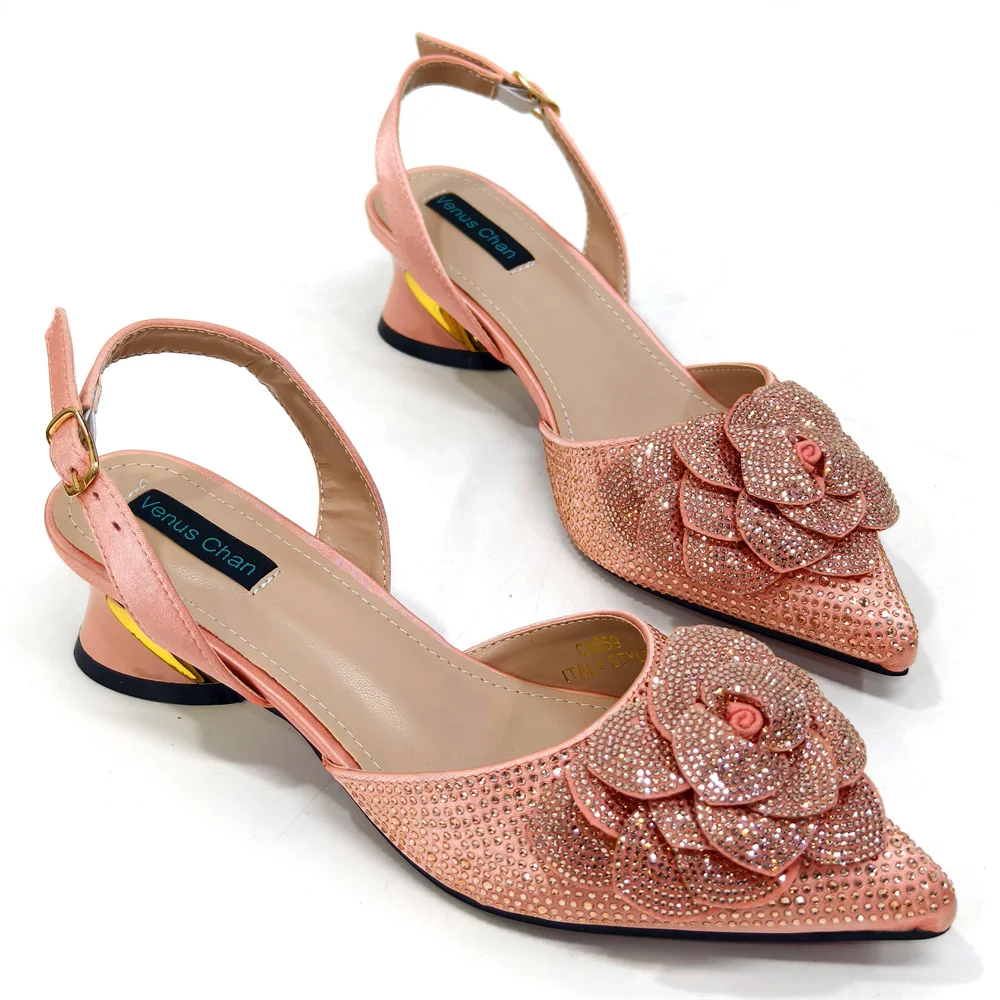 Venus Chan Shoes for Women Pointed-Toe Large Flower Decoration Rhinestone Low Heel Italian Design Black Color Shoes and Bags Set