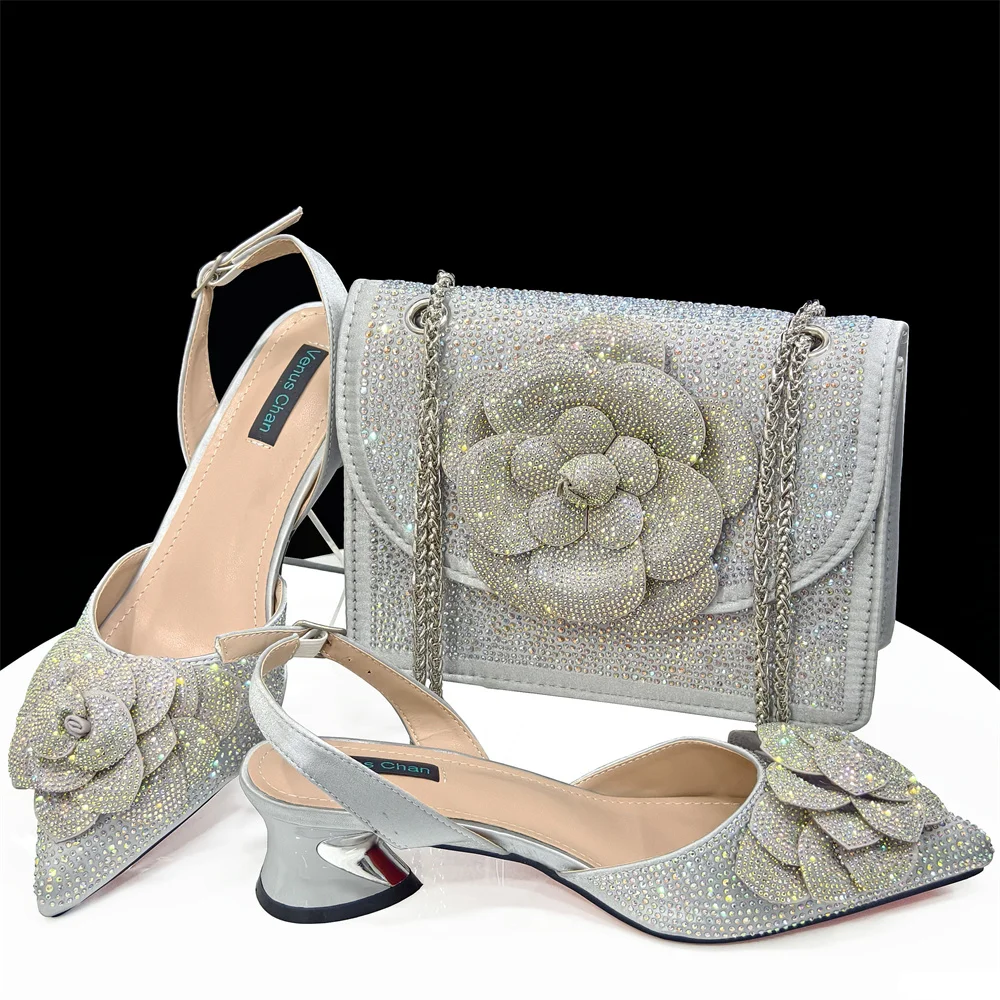 Venus Chan Shoes for Women Pointed-Toe Large Flower Decoration Rhinestone Low Heel Italian Design Black Color Shoes and Bags Set