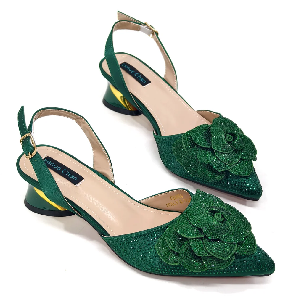 Venus Chan Shoes for Women Pointed-Toe Large Flower Decoration Rhinestone Low Heel Italian Design Black Color Shoes and Bags Set