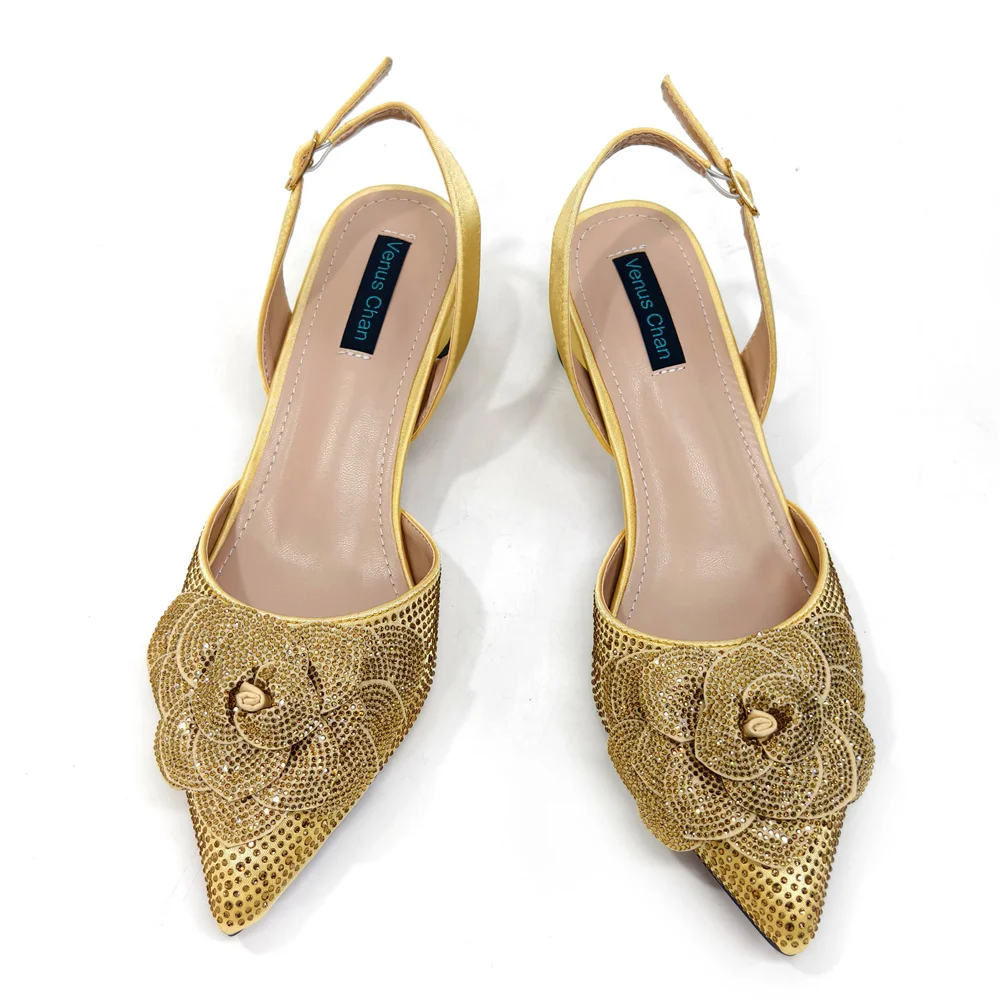 Venus Chan Shoes for Women Pointed-Toe Large Flower Decoration Rhinestone Low Heel Italian Design Black Color Shoes and Bags Set