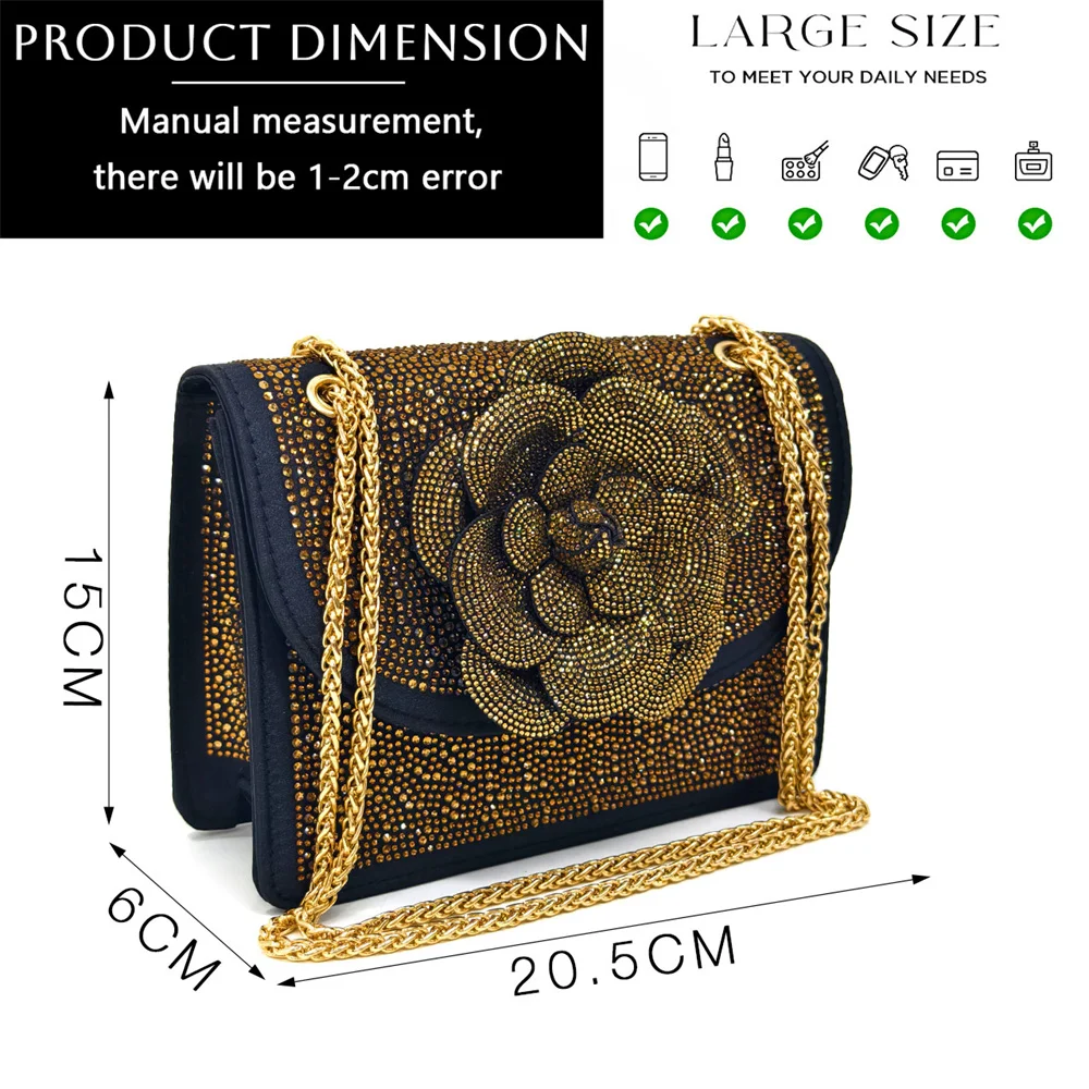 Venus Chan Shoes for Women Pointed-Toe Large Flower Decoration Rhinestone Low Heel Italian Design Black Color Shoes and Bags Set