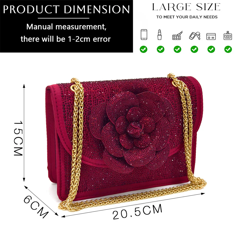 Venus Chan Shoes for Women Pointed-Toe Large Flower Decoration Rhinestone Low Heel Italian Design Black Color Shoes and Bags Set