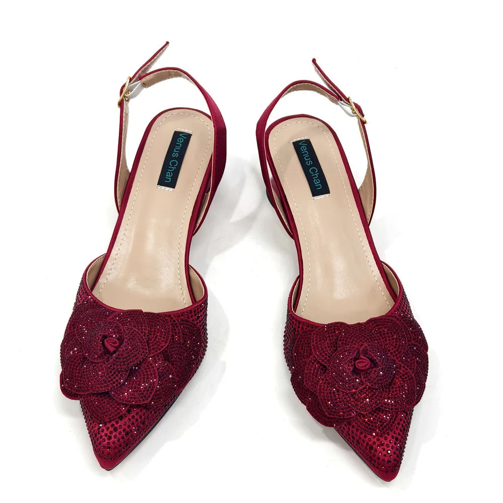 Venus Chan Shoes for Women Pointed-Toe Large Flower Decoration Rhinestone Low Heel Italian Design Black Color Shoes and Bags Set