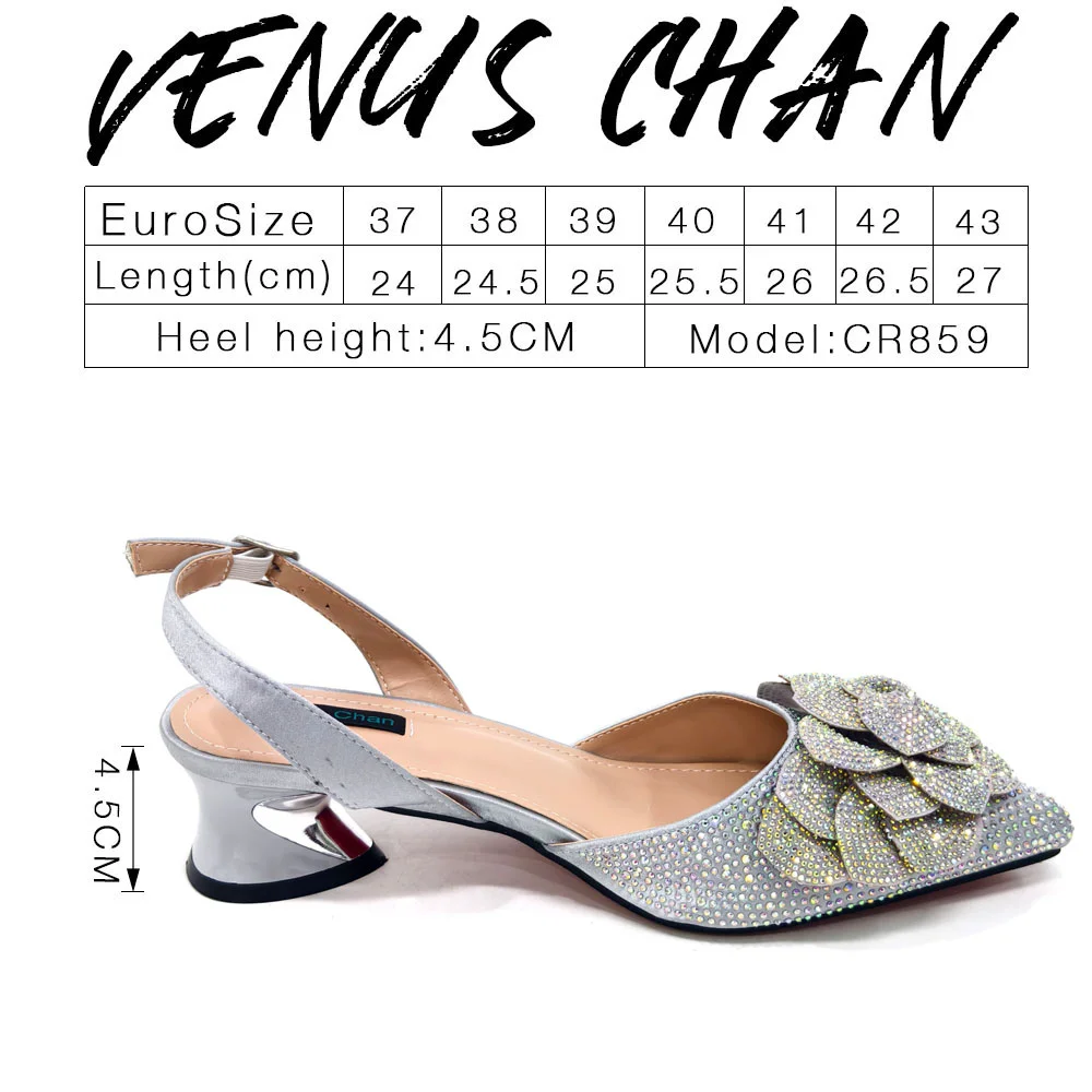 Venus Chan Shoes for Women Pointed-Toe Large Flower Decoration Rhinestone Low Heel Italian Design Black Color Shoes and Bags Set
