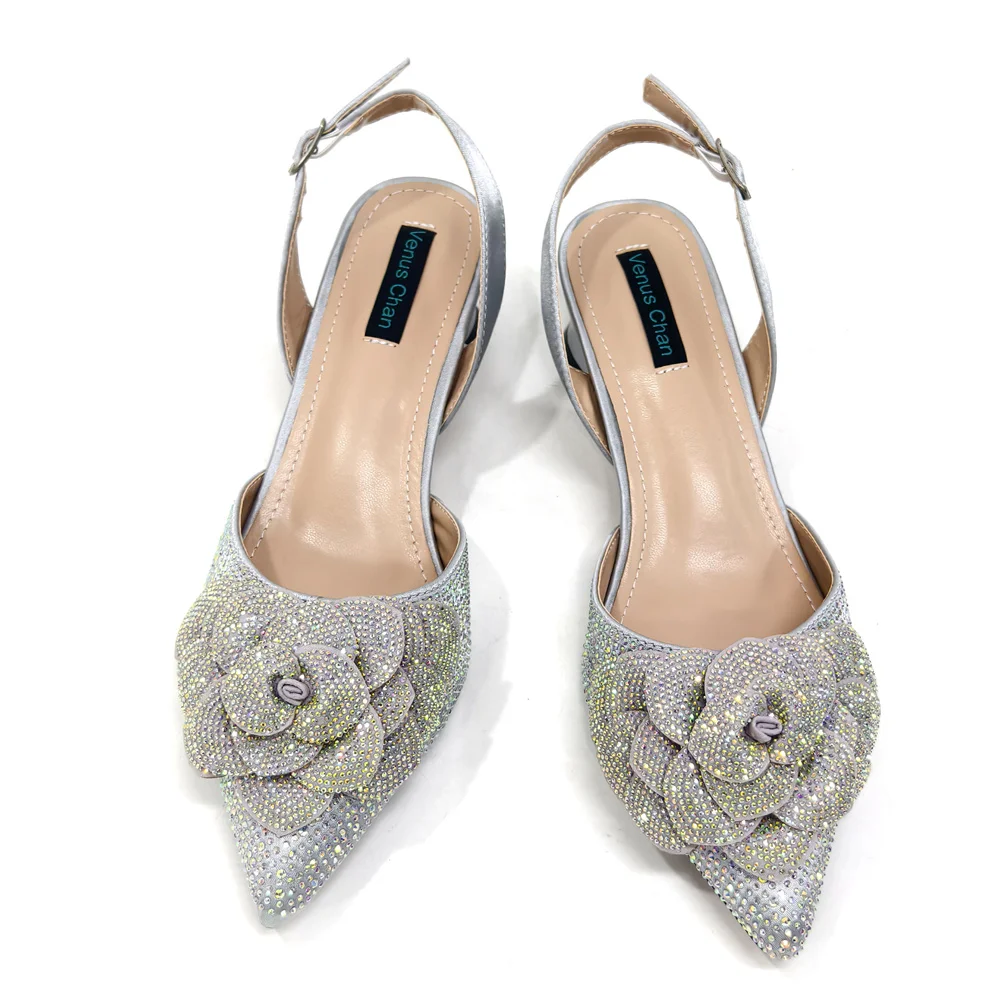 Venus Chan Shoes for Women Pointed-Toe Large Flower Decoration Rhinestone Low Heel Italian Design Black Color Shoes and Bags Set
