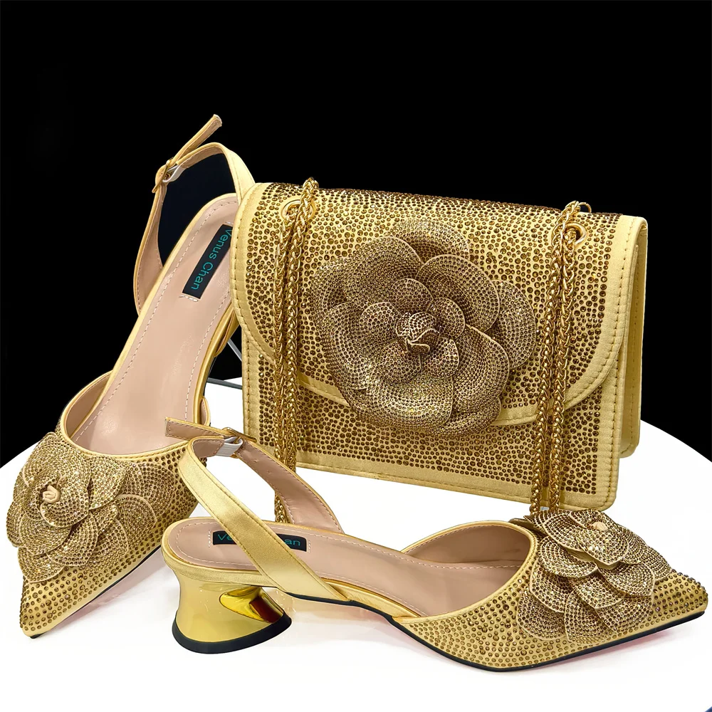 Venus Chan Shoes for Women Pointed-Toe Large Flower Decoration Rhinestone Low Heel Italian Design Black Color Shoes and Bags Set