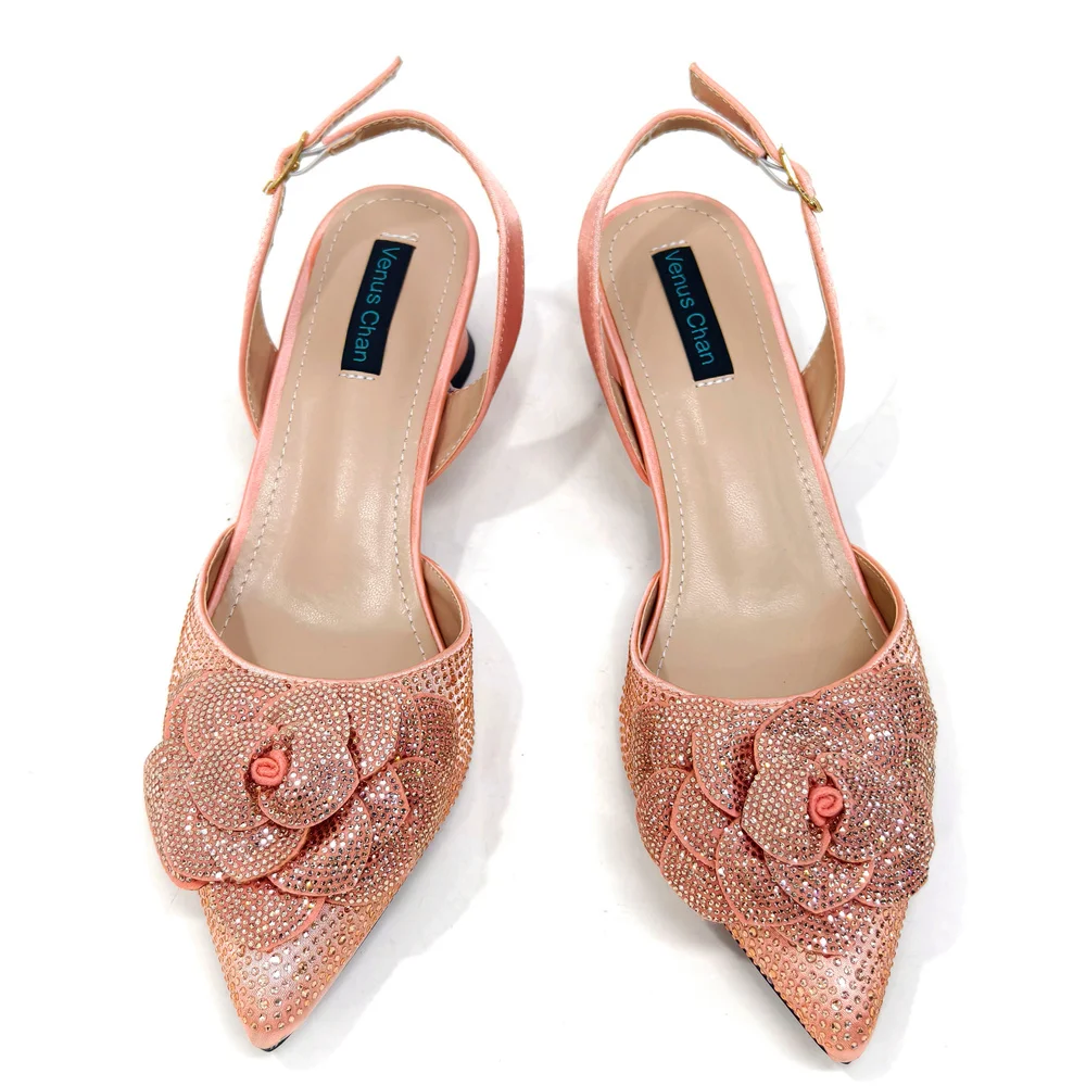 Venus Chan Shoes for Women Pointed-Toe Large Flower Decoration Rhinestone Low Heel Italian Design Black Color Shoes and Bags Set