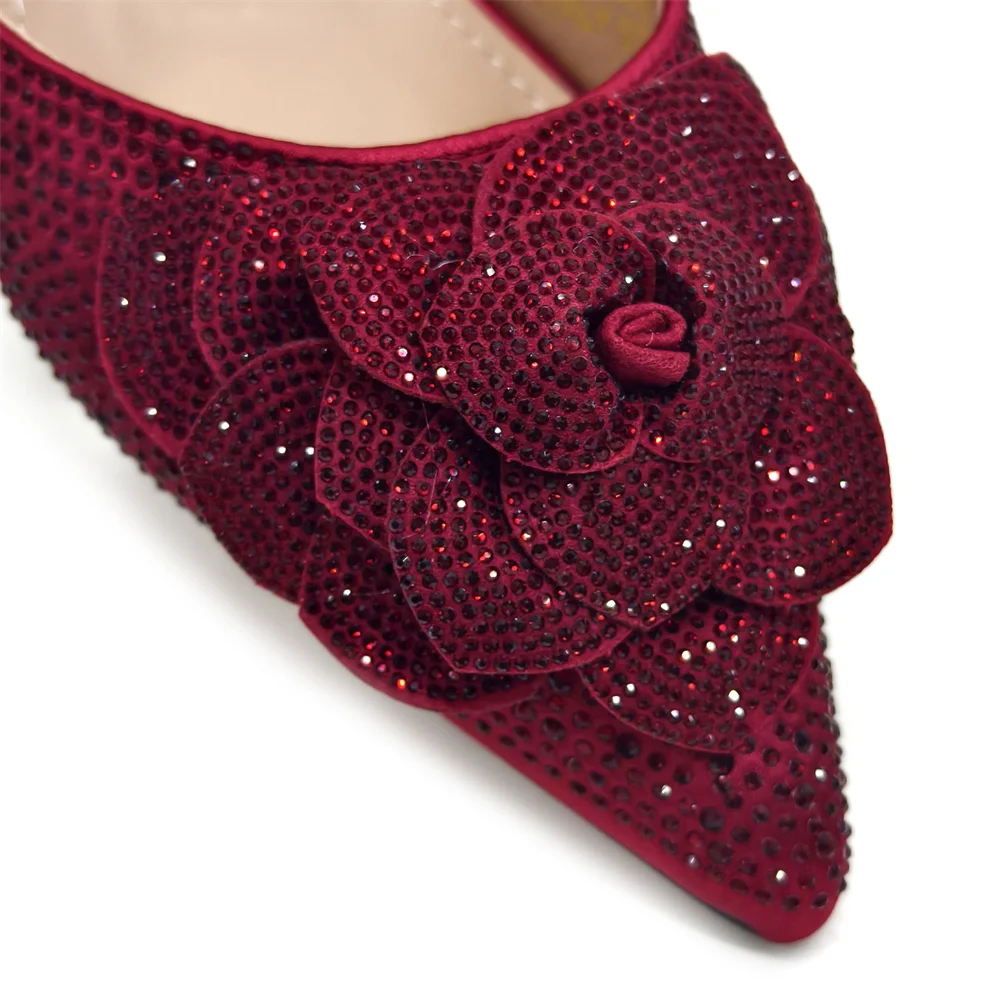 Venus Chan Shoes for Women Pointed-Toe Large Flower Decoration Rhinestone Low Heel Italian Design Black Color Shoes and Bags Set