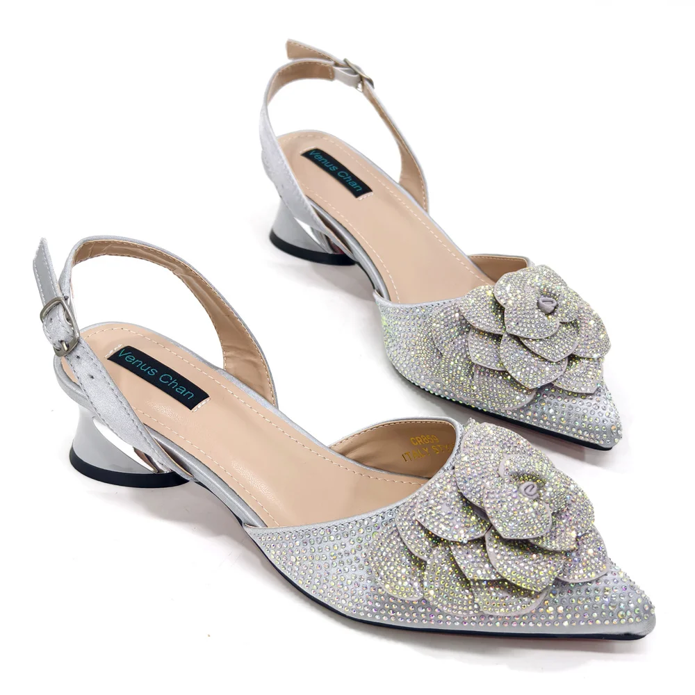Venus Chan Shoes for Women Pointed-Toe Large Flower Decoration Rhinestone Low Heel Italian Design Black Color Shoes and Bags Set