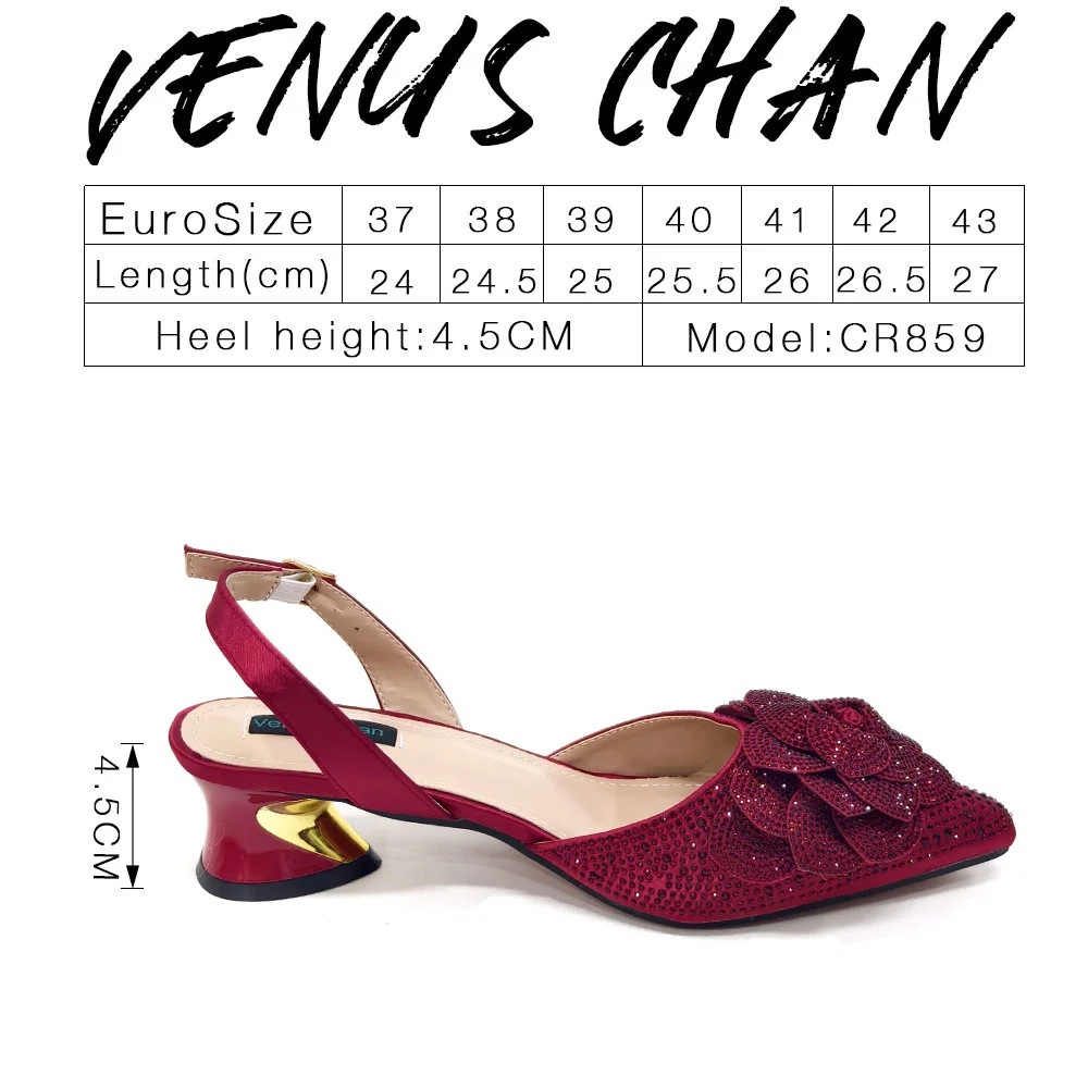 Venus Chan Shoes for Women Pointed-Toe Large Flower Decoration Rhinestone Low Heel Italian Design Black Color Shoes and Bags Set