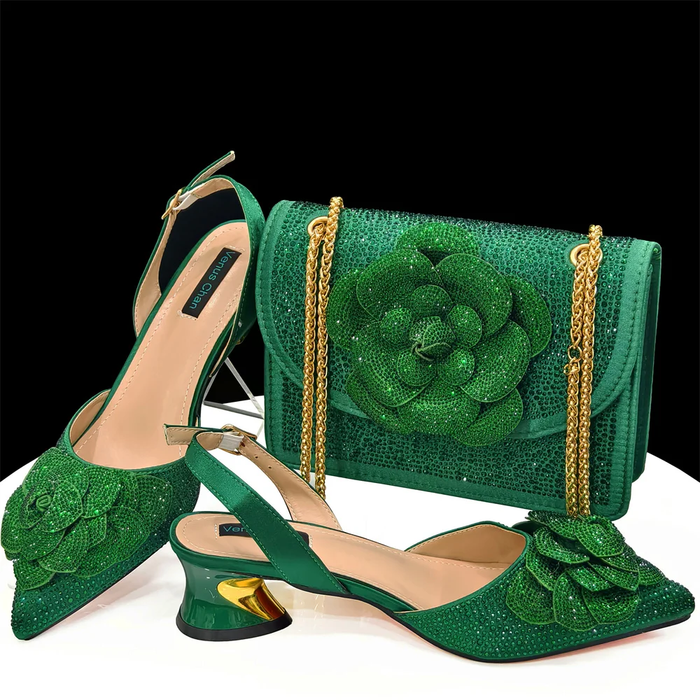 Venus Chan Shoes for Women Pointed-Toe Large Flower Decoration Rhinestone Low Heel Italian Design Black Color Shoes and Bags Set
