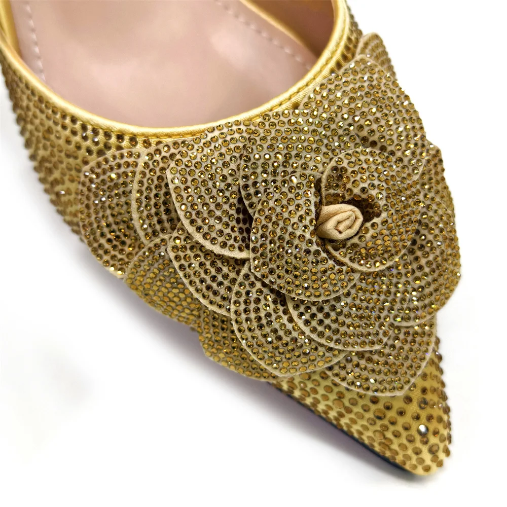 Venus Chan Shoes for Women Pointed-Toe Large Flower Decoration Rhinestone Low Heel Italian Design Black Color Shoes and Bags Set