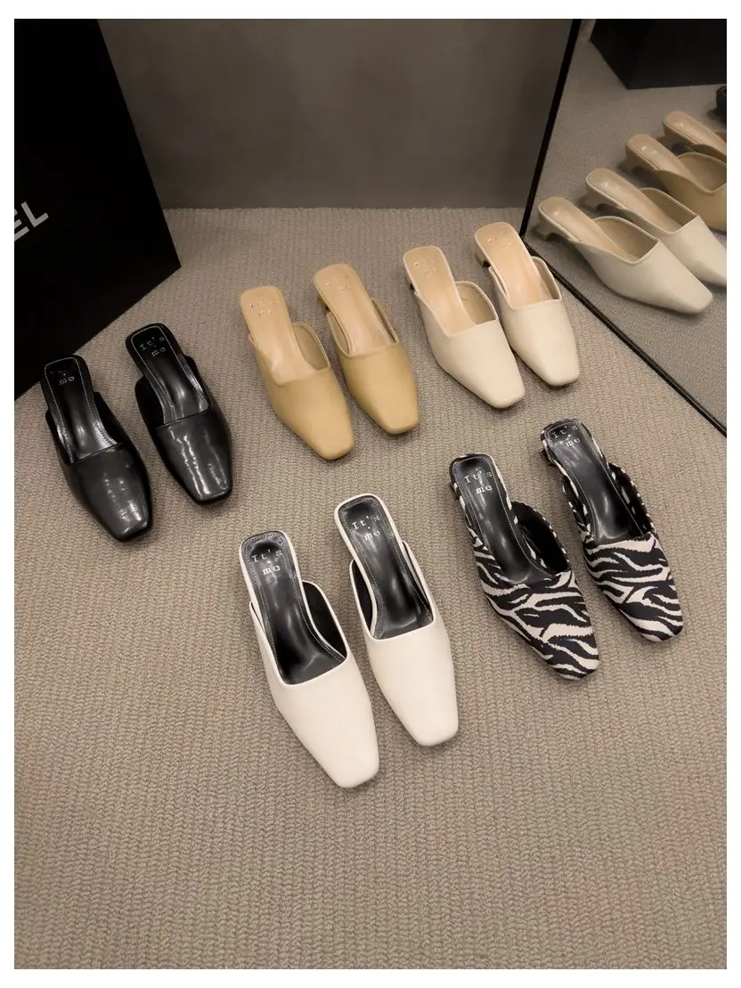 Fashion Zebra Zebra Pattern Mule Shoes Women Low Heels Square Toe Slides Outdoor Slippers New Spring Casual Flat Shoes Chaussure