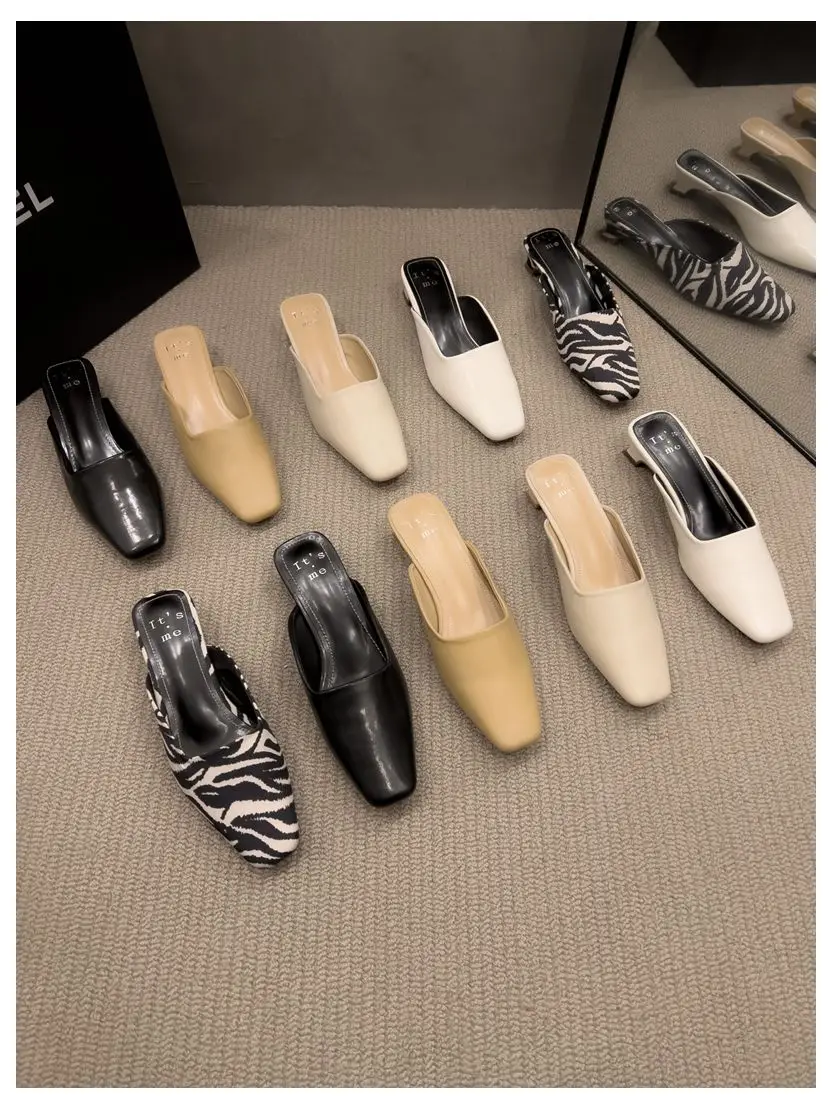 Fashion Zebra Zebra Pattern Mule Shoes Women Low Heels Square Toe Slides Outdoor Slippers New Spring Casual Flat Shoes Chaussure
