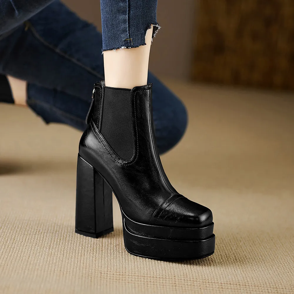 MILI-MIYA Fashion Platform Women Full Genuine Leather Ankle Boots Super High Thick Heels Solid Color Zippers Handmade For Ladies