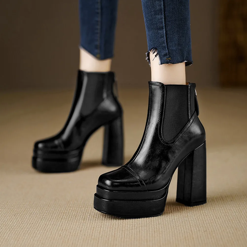 MILI-MIYA Fashion Platform Women Full Genuine Leather Ankle Boots Super High Thick Heels Solid Color Zippers Handmade For Ladies