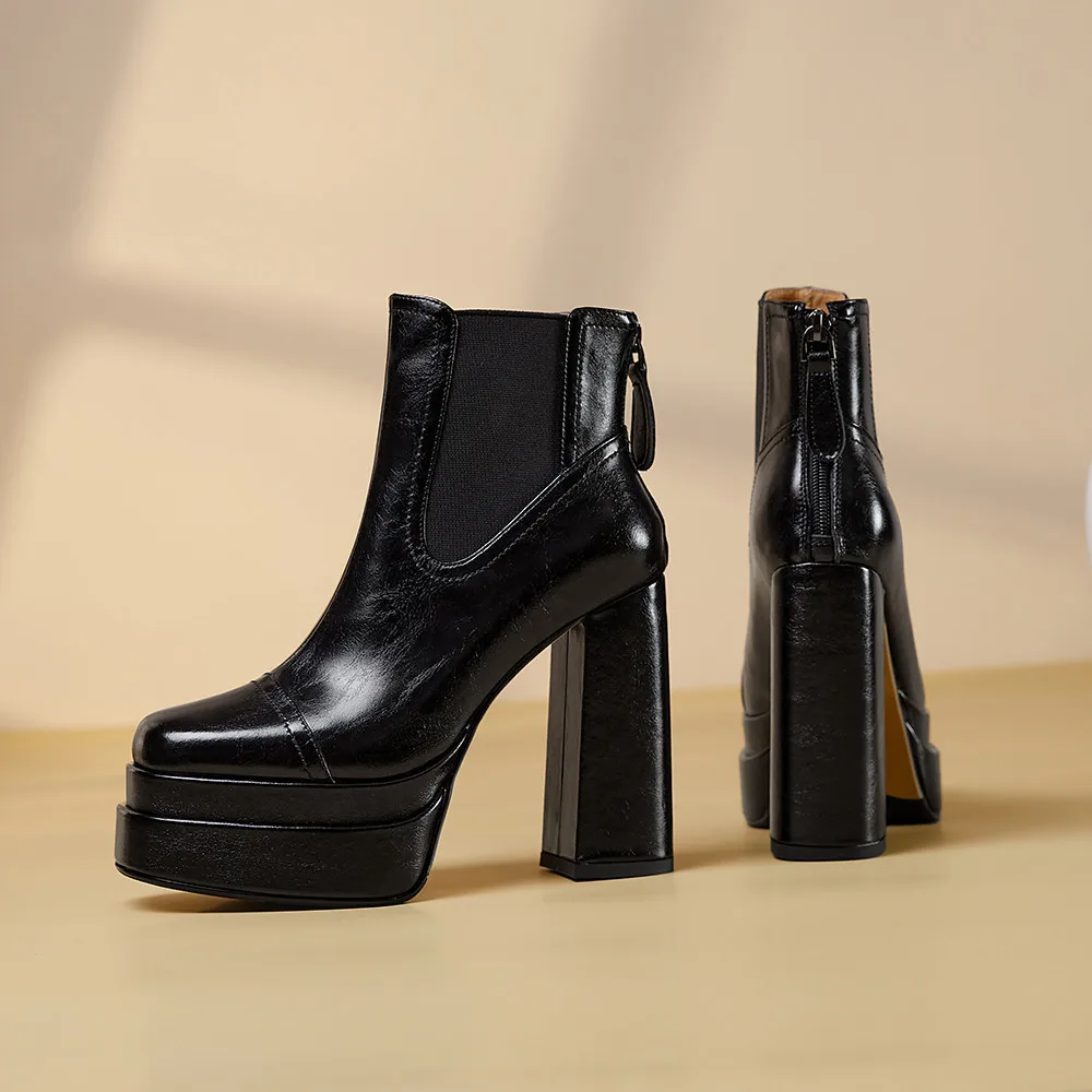 MILI-MIYA Fashion Platform Women Full Genuine Leather Ankle Boots Super High Thick Heels Solid Color Zippers Handmade For Ladies