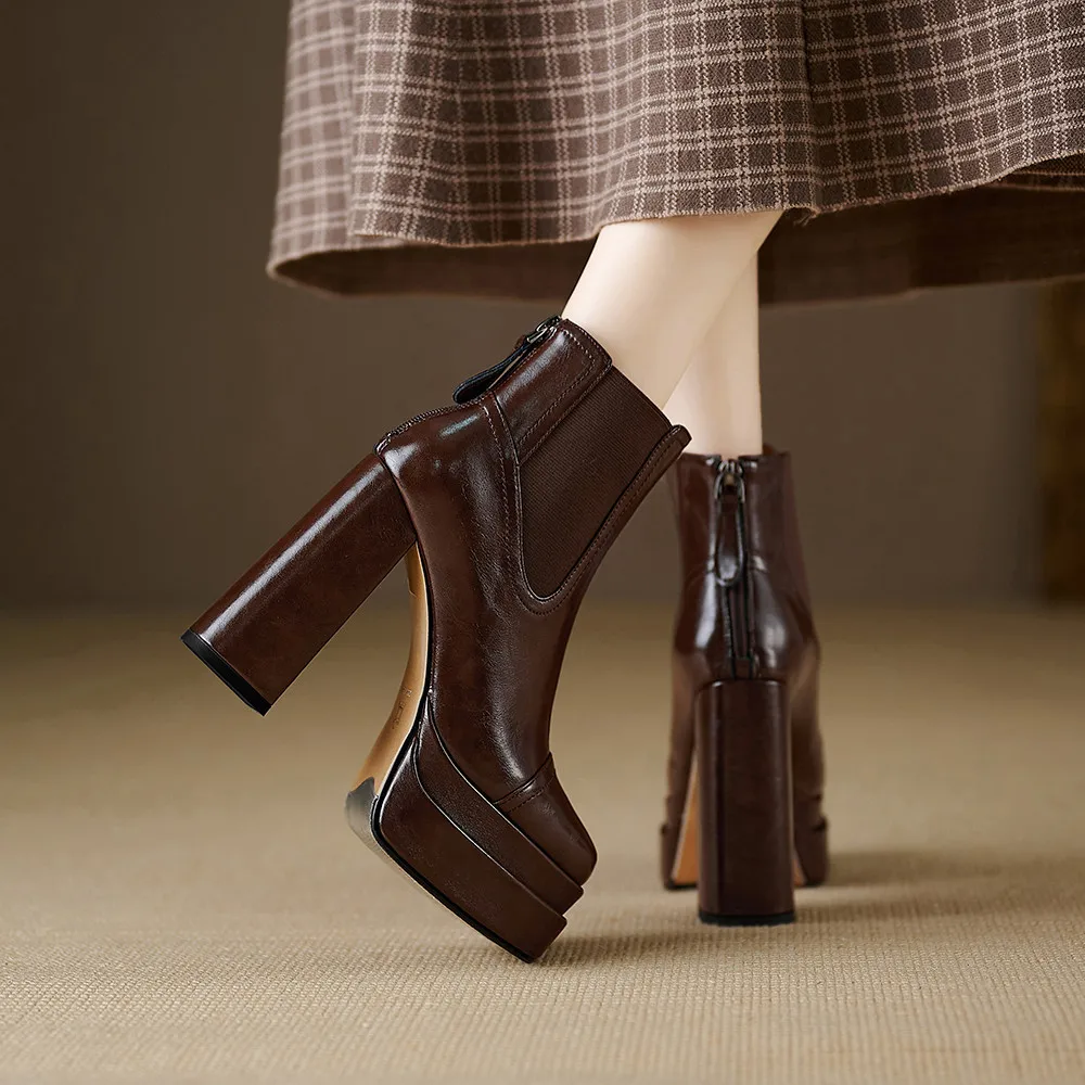 MILI-MIYA Fashion Platform Women Full Genuine Leather Ankle Boots Super High Thick Heels Solid Color Zippers Handmade For Ladies