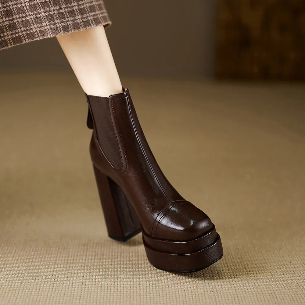 MILI-MIYA Fashion Platform Women Full Genuine Leather Ankle Boots Super High Thick Heels Solid Color Zippers Handmade For Ladies