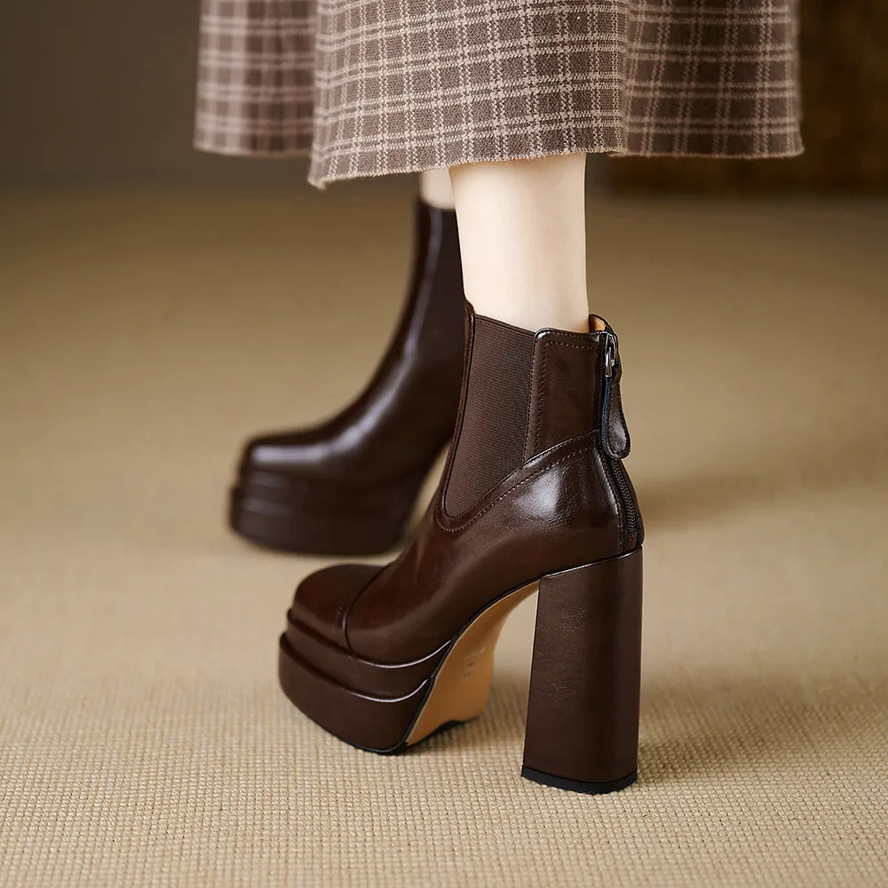 MILI-MIYA Fashion Platform Women Full Genuine Leather Ankle Boots Super High Thick Heels Solid Color Zippers Handmade For Ladies