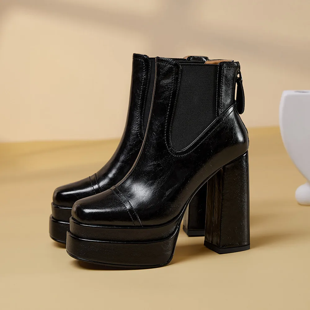 MILI-MIYA Fashion Platform Women Full Genuine Leather Ankle Boots Super High Thick Heels Solid Color Zippers Handmade For Ladies