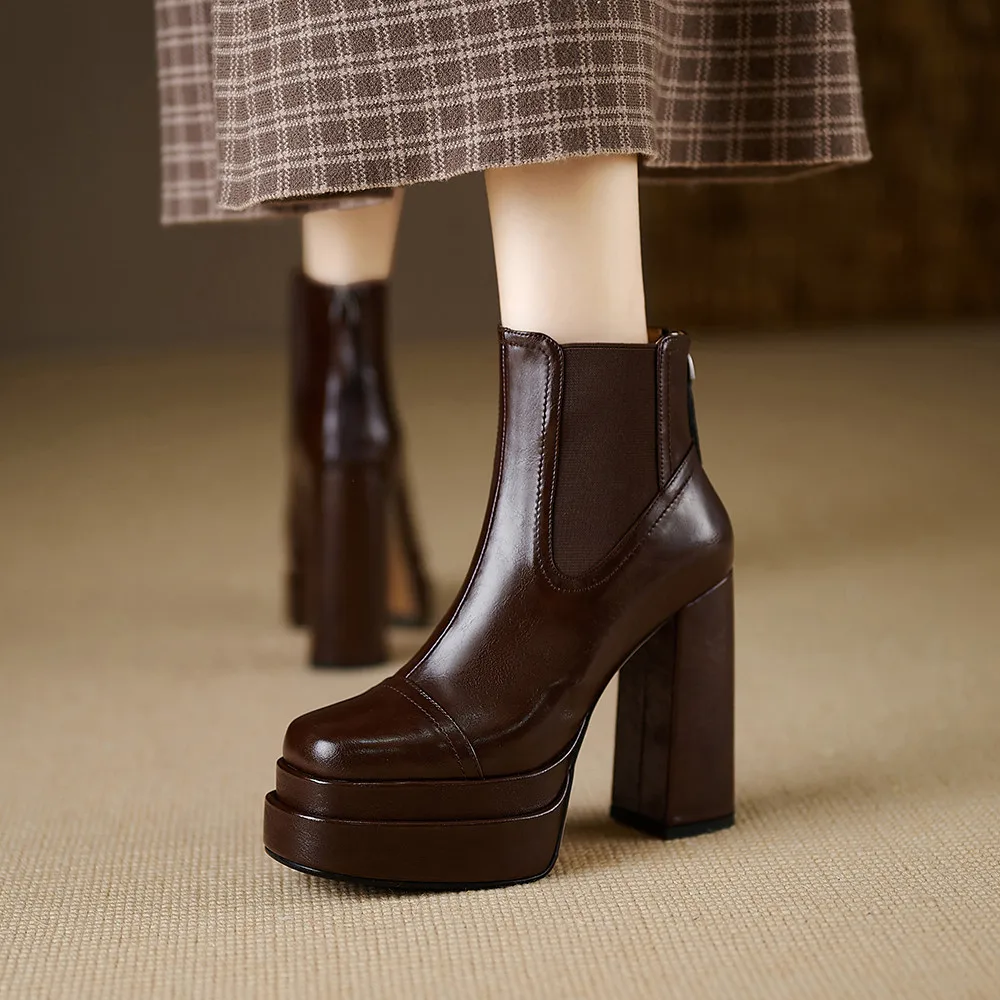 MILI-MIYA Fashion Platform Women Full Genuine Leather Ankle Boots Super High Thick Heels Solid Color Zippers Handmade For Ladies