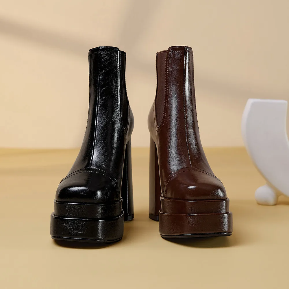 MILI-MIYA Fashion Platform Women Full Genuine Leather Ankle Boots Super High Thick Heels Solid Color Zippers Handmade For Ladies