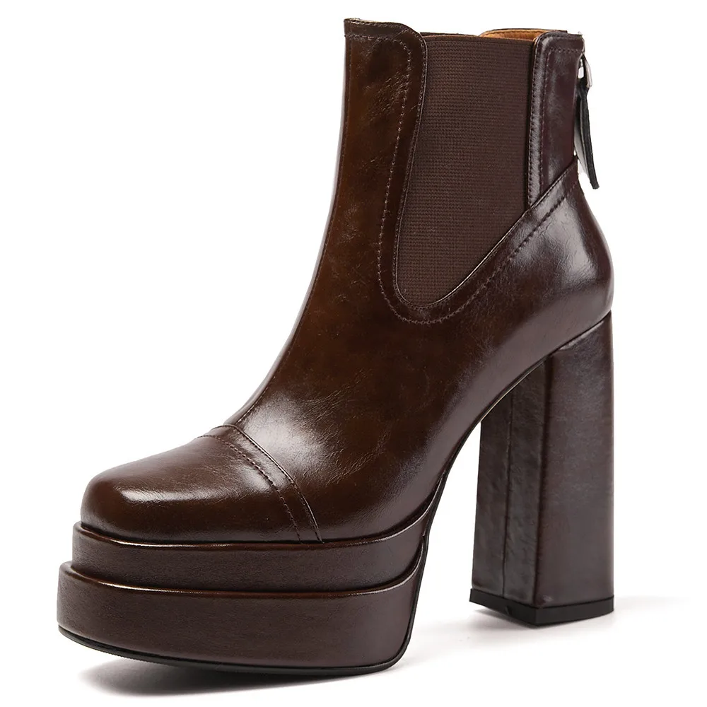 MILI-MIYA Fashion Platform Women Full Genuine Leather Ankle Boots Super High Thick Heels Solid Color Zippers Handmade For Ladies
