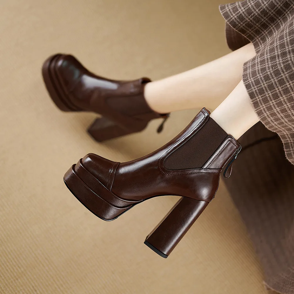 MILI-MIYA Fashion Platform Women Full Genuine Leather Ankle Boots Super High Thick Heels Solid Color Zippers Handmade For Ladies