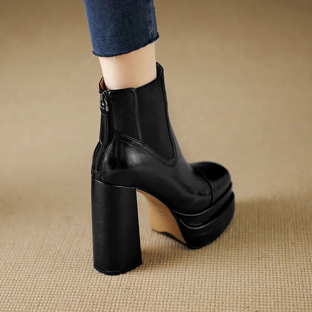 MILI-MIYA Fashion Platform Women Full Genuine Leather Ankle Boots Super High Thick Heels Solid Color Zippers Handmade For Ladies