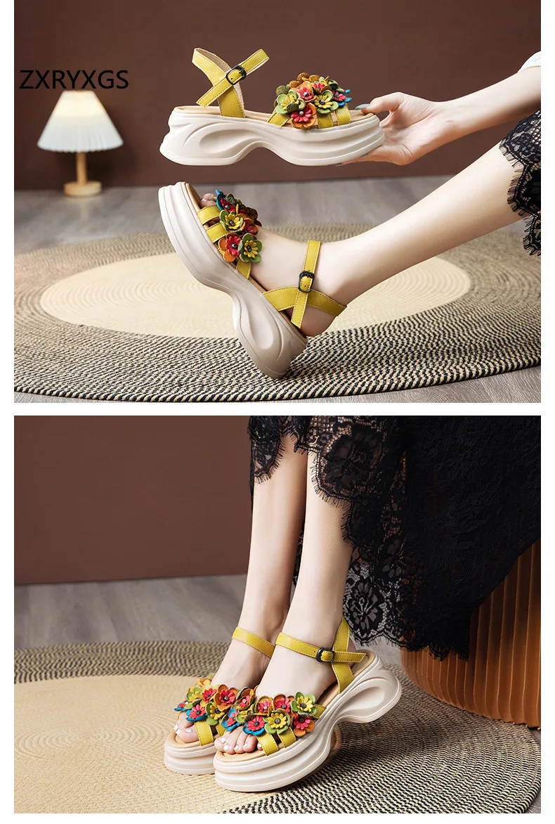 ZXRYXGS Bohemian Style Classic Flowers Sandals Fashionable Shoes Woman New 2026 Premium Real Leather Platform Increase Sandals