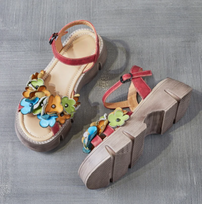 ZXRYXGS Bohemian Style Classic Flowers Sandals Fashionable Shoes Woman New 2026 Premium Real Leather Platform Increase Sandals
