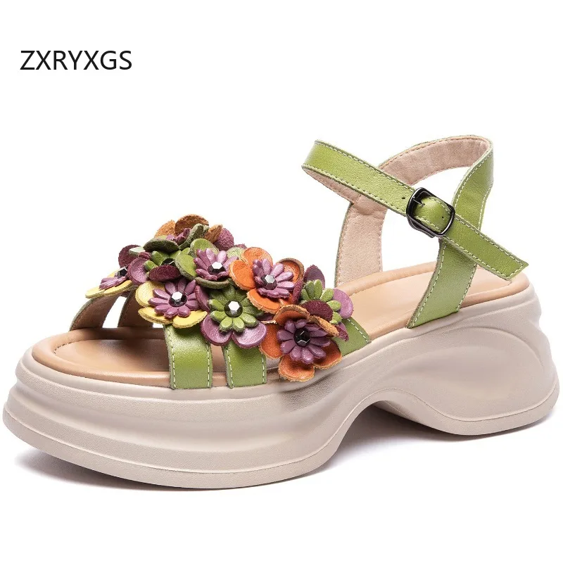 ZXRYXGS Bohemian Style Classic Flowers Sandals Fashionable Shoes Woman New 2026 Premium Real Leather Platform Increase Sandals