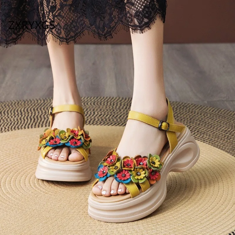 ZXRYXGS Bohemian Style Classic Flowers Sandals Fashionable Shoes Woman New 2026 Premium Real Leather Platform Increase Sandals