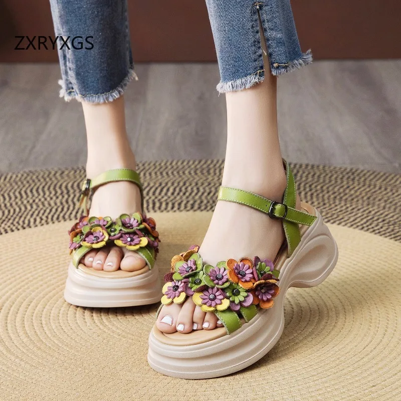 ZXRYXGS Bohemian Style Classic Flowers Sandals Fashionable Shoes Woman New 2026 Premium Real Leather Platform Increase Sandals