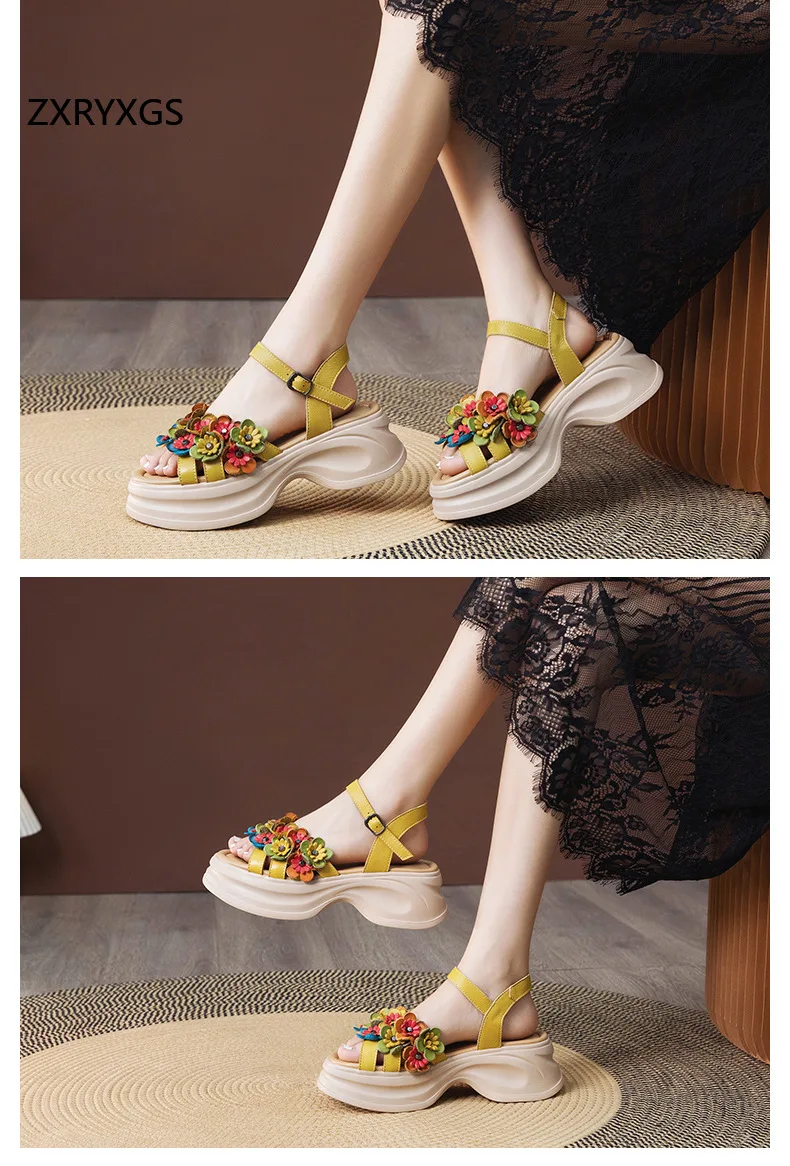 ZXRYXGS Bohemian Style Classic Flowers Sandals Fashionable Shoes Woman New 2026 Premium Real Leather Platform Increase Sandals